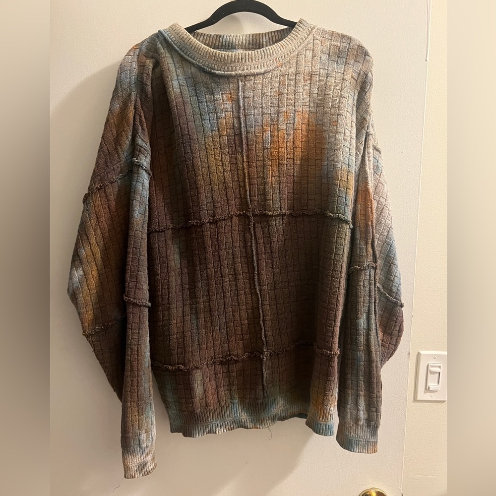 Oversized size large urban renewal blue and rust sweater